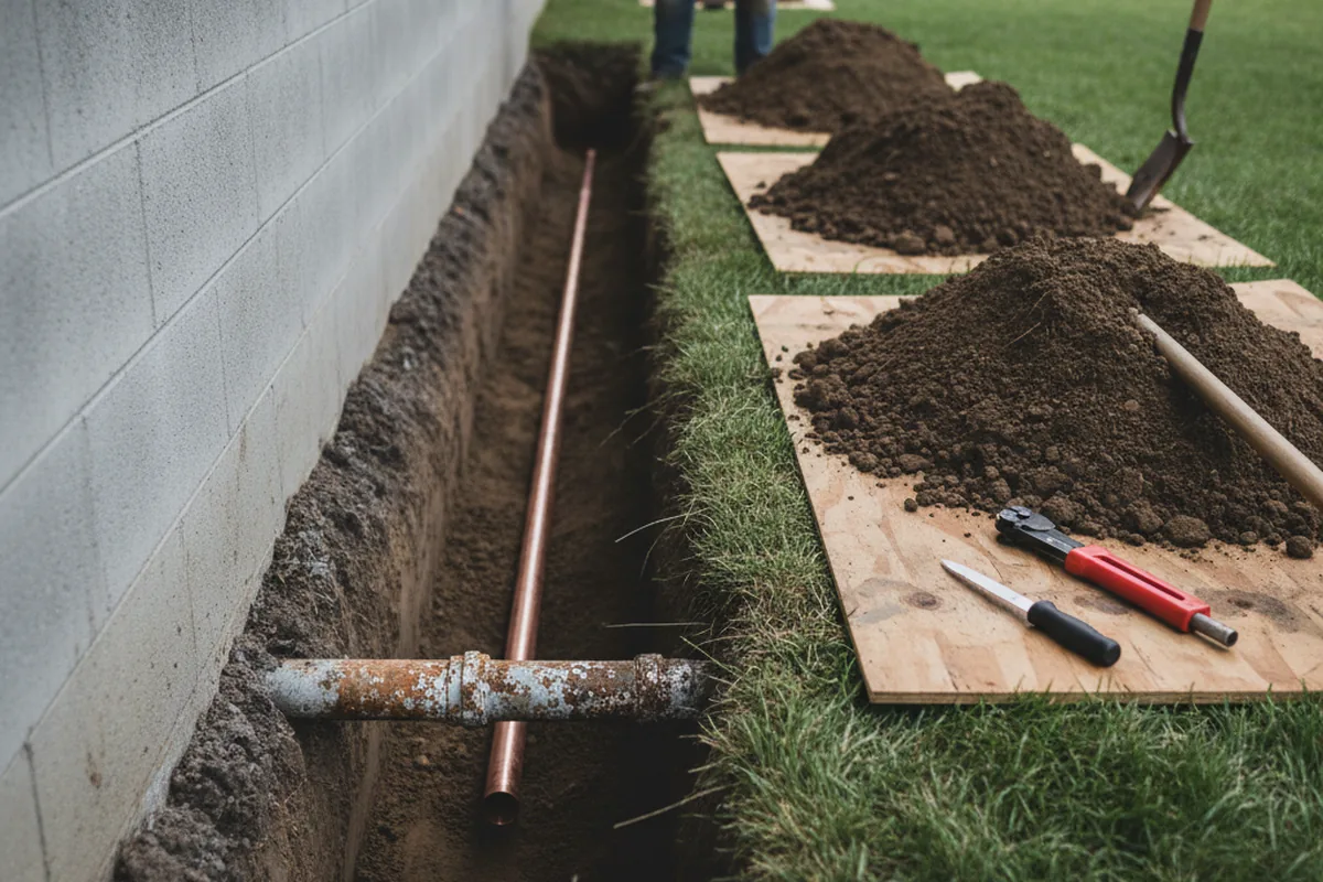 Excavated water line trench during Water Heater Repair in Pearson